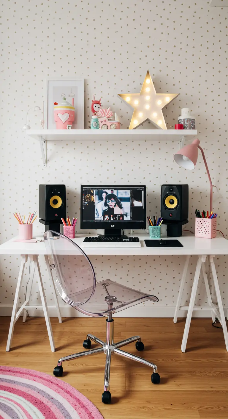 Rincón de trabajo infantil con papel de topos, accesorios rosas y una estrella con luz.