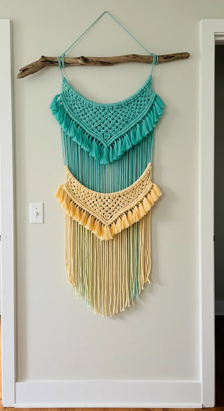 Composición de dos tapices de macramé en turquesa y amarillo colgados de la misma rama.