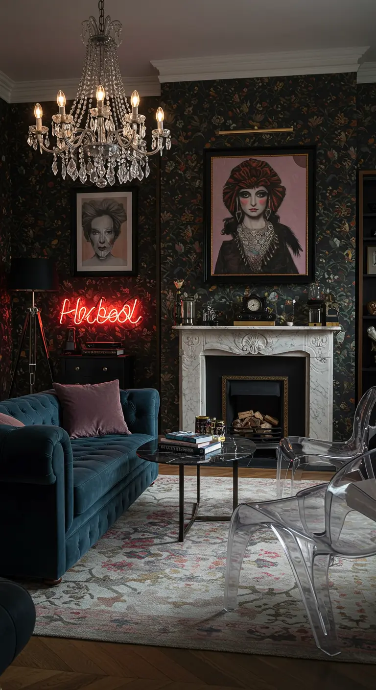 Sala de estar ecléctica con papel pintado floral oscuro, sofá chesterfield azul y un letrero de neón.