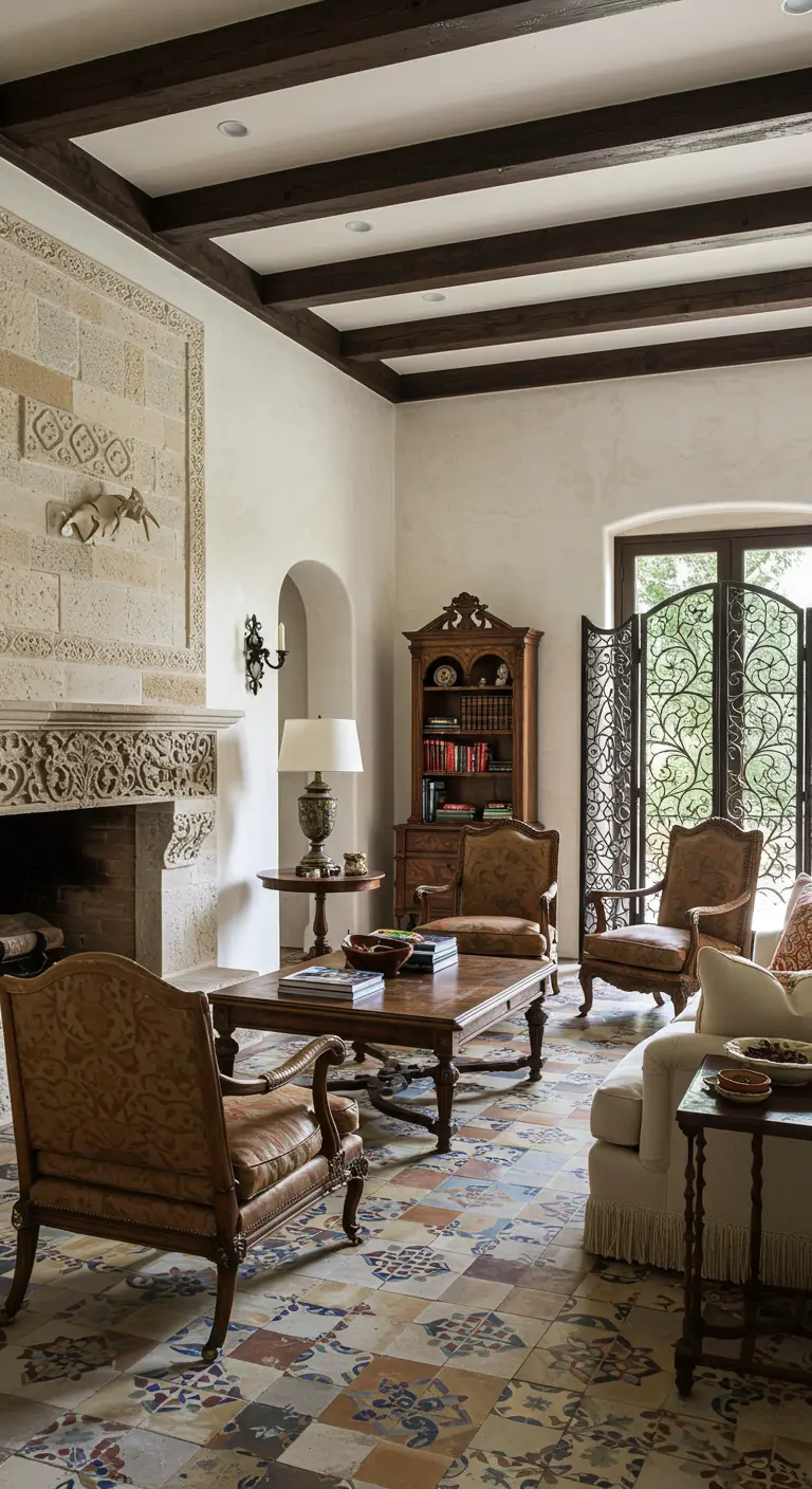 Salón con chimenea de piedra tallada, suelo de baldosas hidráulicas y muebles de estilo español.