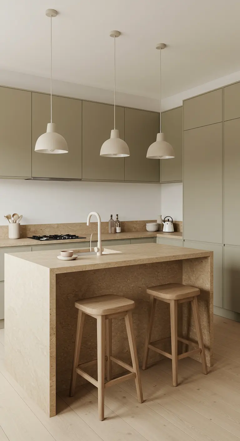 Cocina en tonos verdes suaves con una isla de terrazo y taburetes de madera.