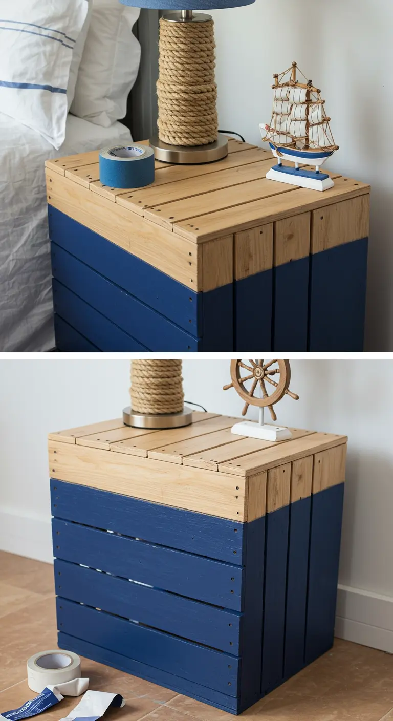 Mesita de noche de caja de madera pintada a dos tonos, con la parte inferior en azul marino y la superior al natural.