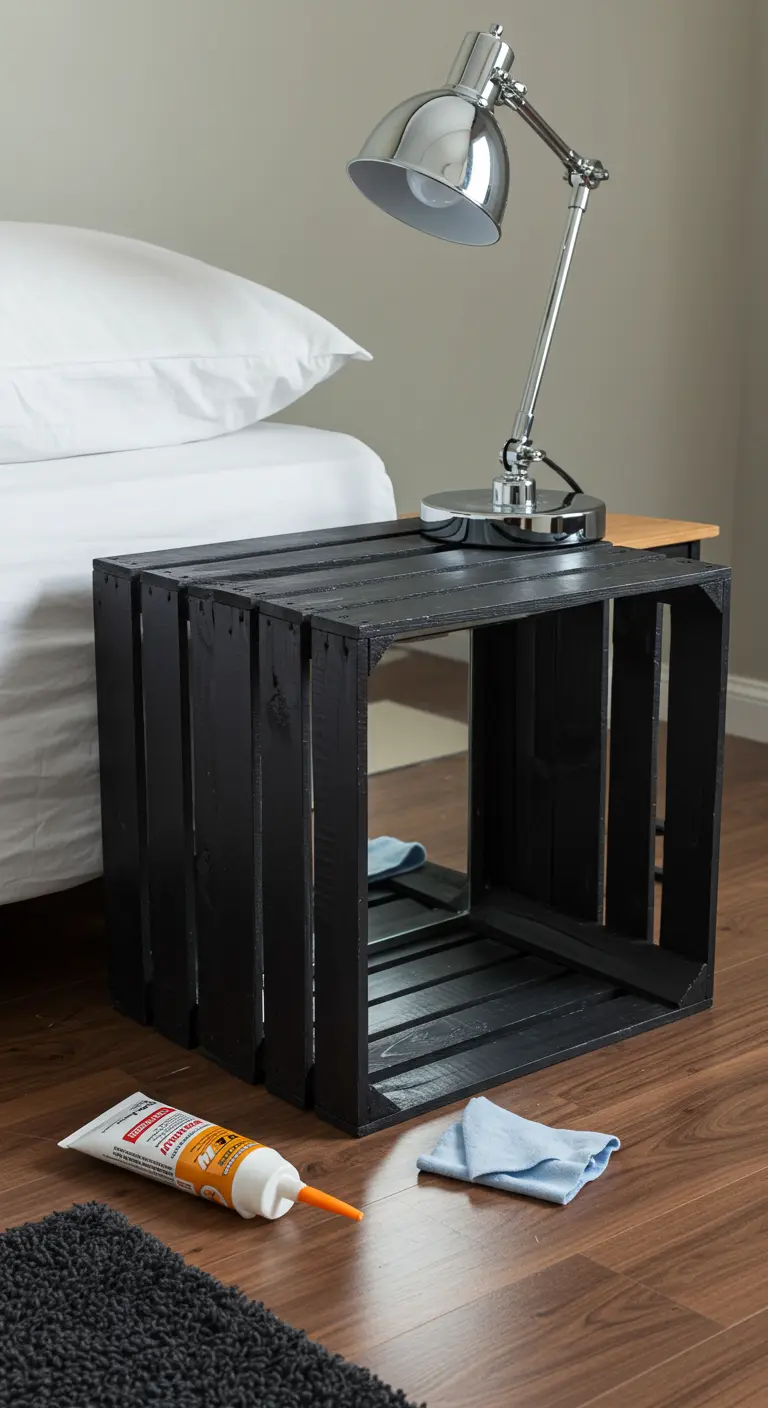 Caja de madera pintada de negro con un espejo en el fondo, creando una mesita de noche moderna.