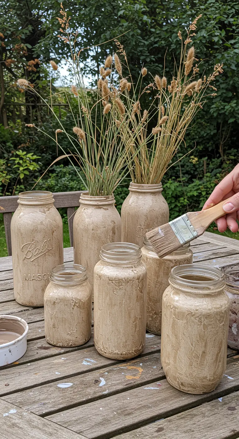 Varios frascos de vidrio pintados con una técnica de textura en tonos tierra para un aspecto de cerámica.