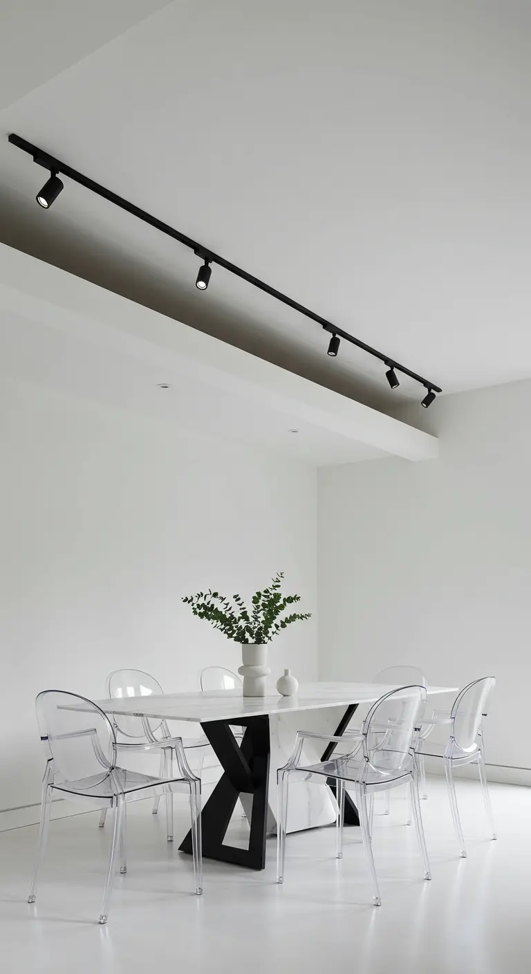 Comedor blanco con mesa de base negra, sillas transparentes y un riel de focos negros en el techo.