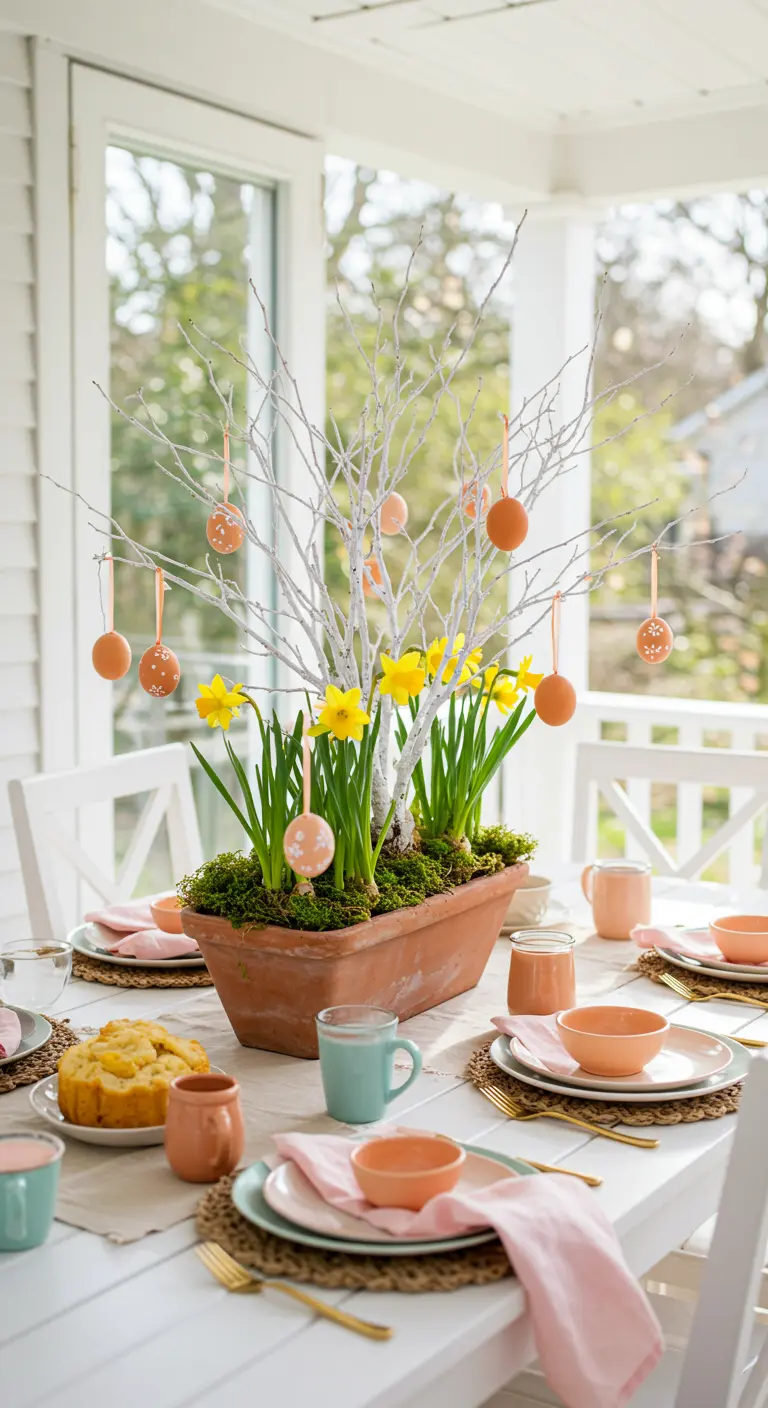 Centro de mesa de Pascua con ramas blancas, huevos colgantes y narcisos amarillos.