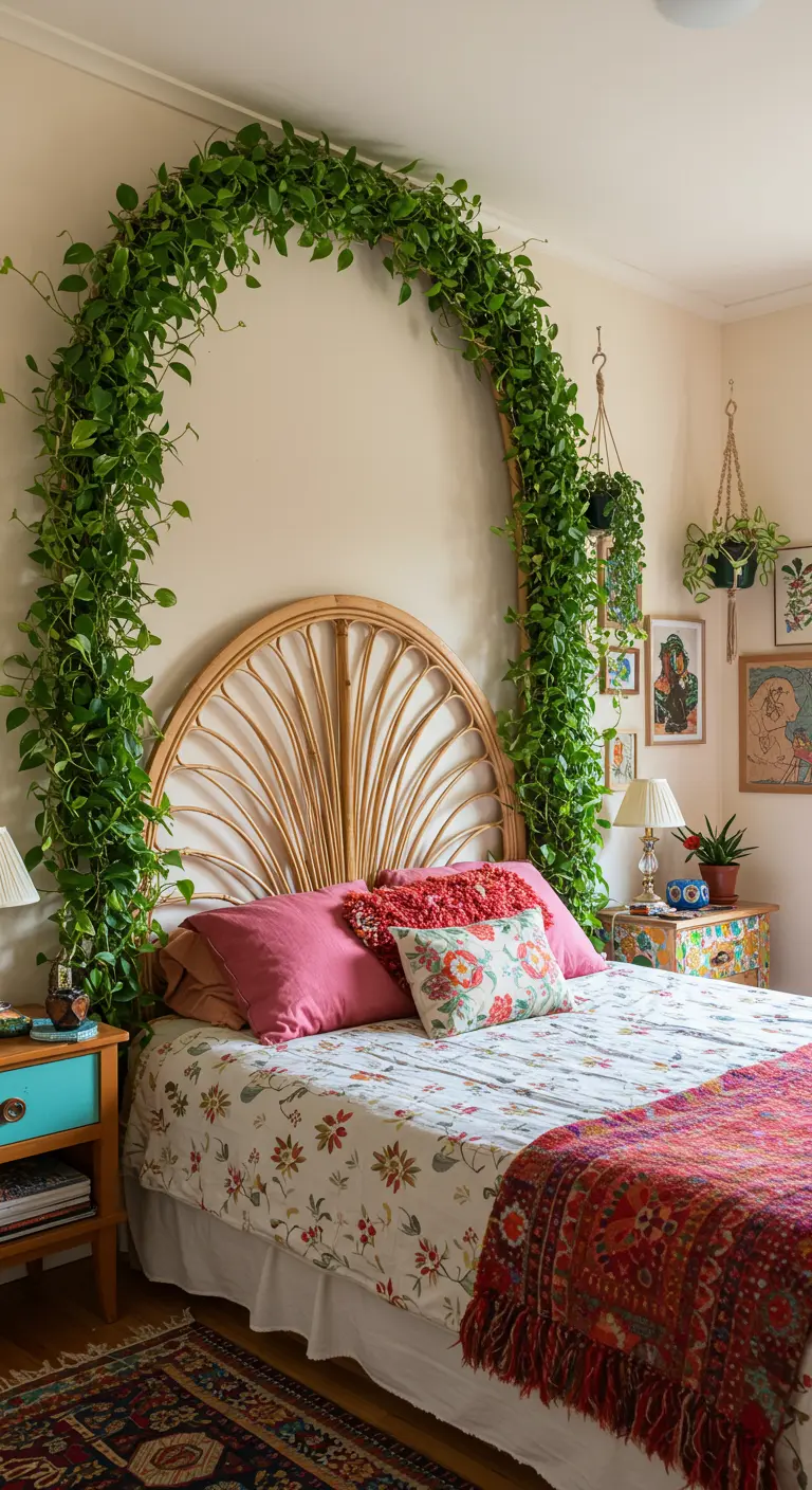 Un gran arco cubierto de plantas verdes enmarca un cabecero de ratán en un dormitorio bohemio.