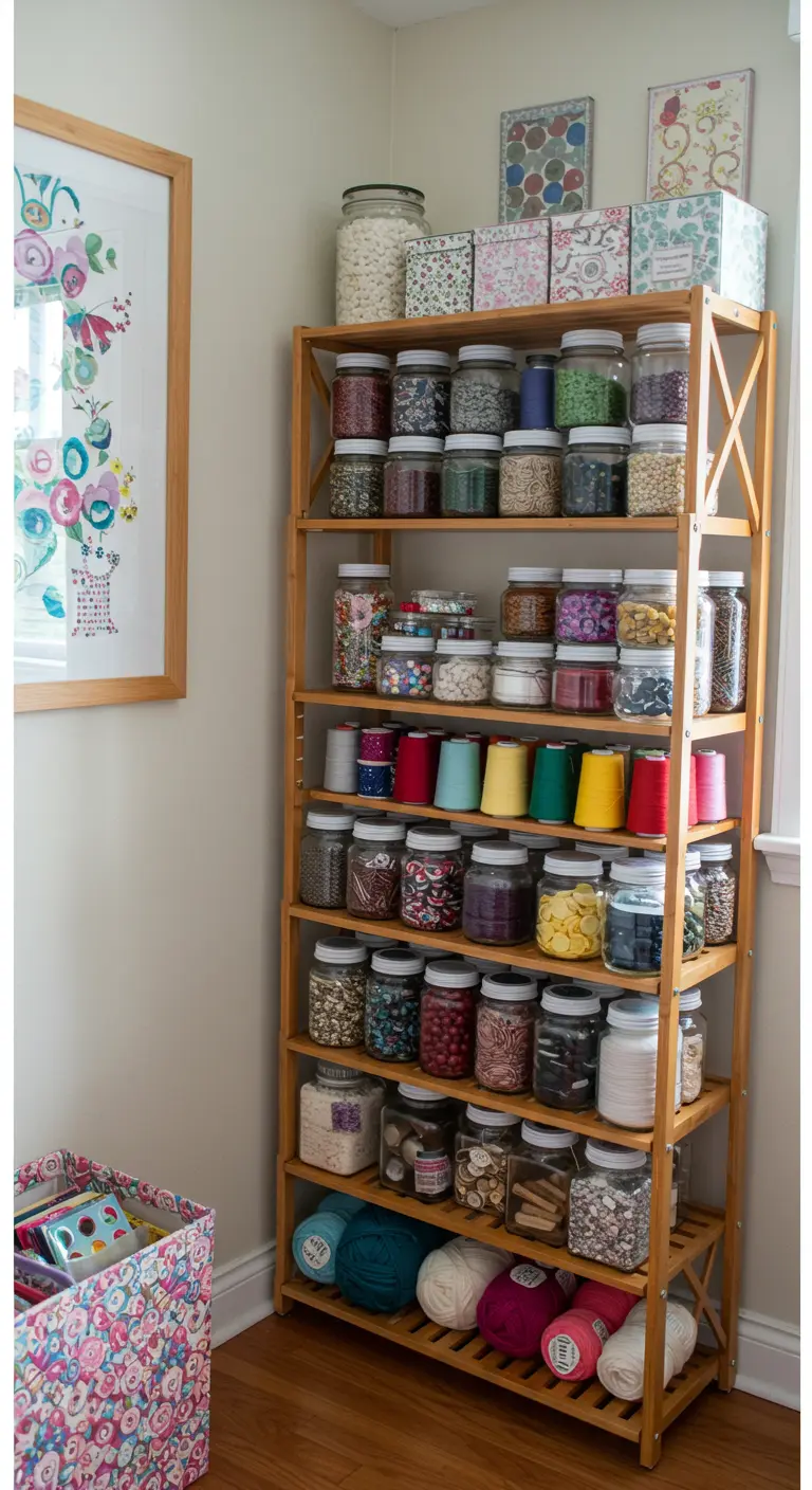 Estantería de bambú en una sala de manualidades llena de botes con hilos y botones de colores