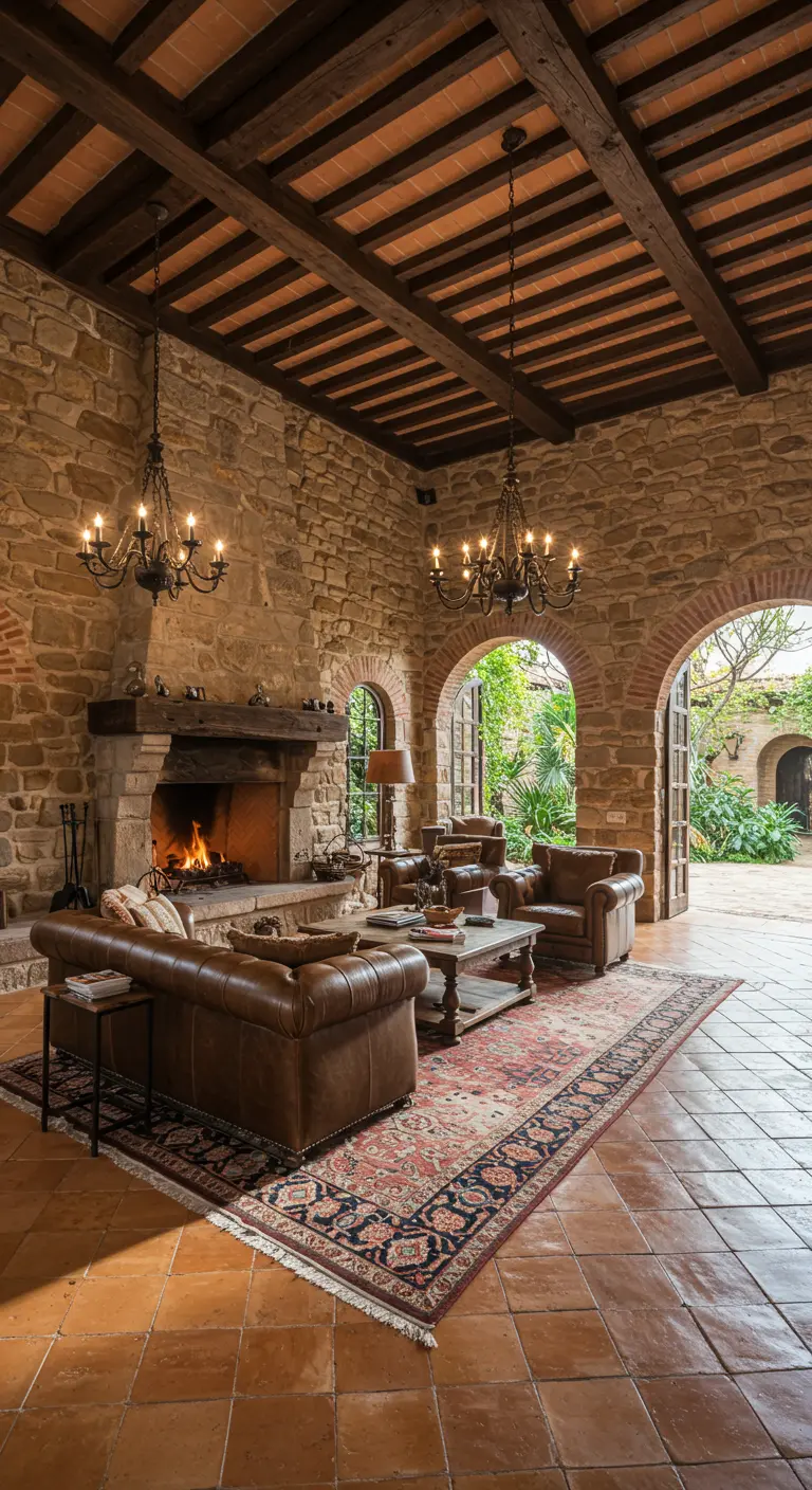 Salón colonial de estilo rústico con paredes de piedra, vigas de madera y sofás de cuero.