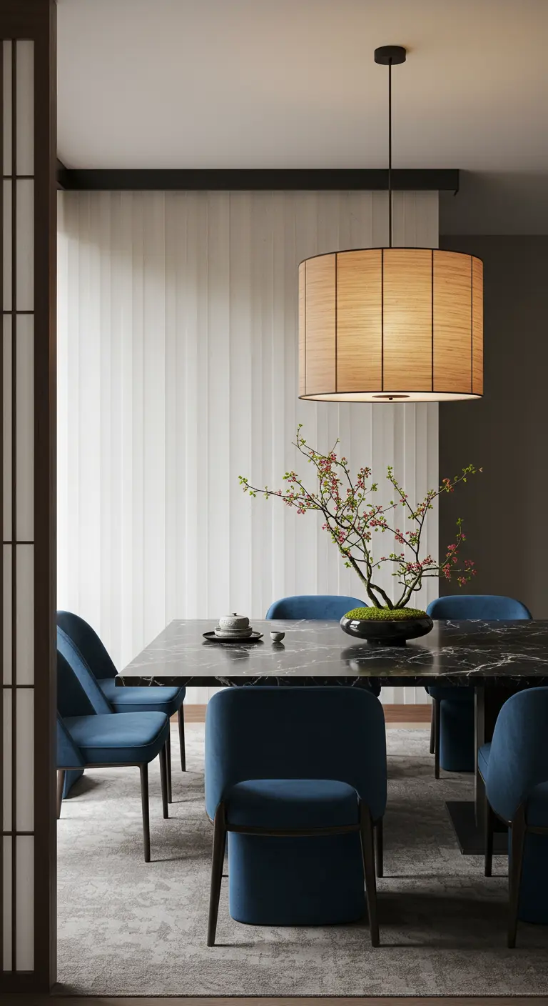 Comedor de estilo Japandi con mesa de mármol negro, sillas de terciopelo azul y lámpara japonesa