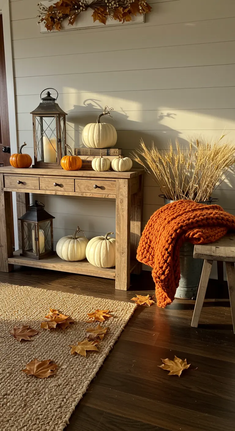 Consola de madera rústica con calabazas blancas y naranjas, farolillos y una manta de punto grueso.