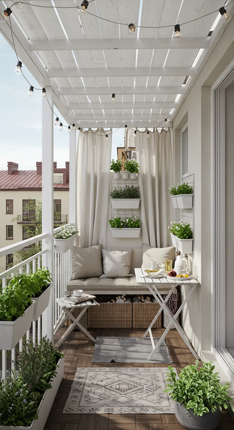 Balcón estrecho y largo con pérgola blanca, un banco con cojines y muchas plantas.