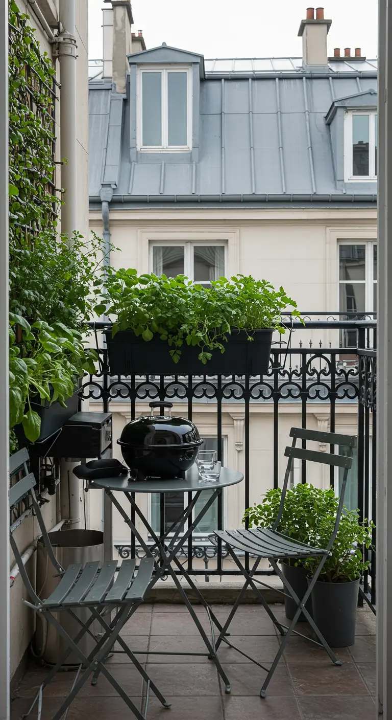 Balcón parisino con barandilla de hierro forjado, jardineras colgantes y un pequeño set de bistró.