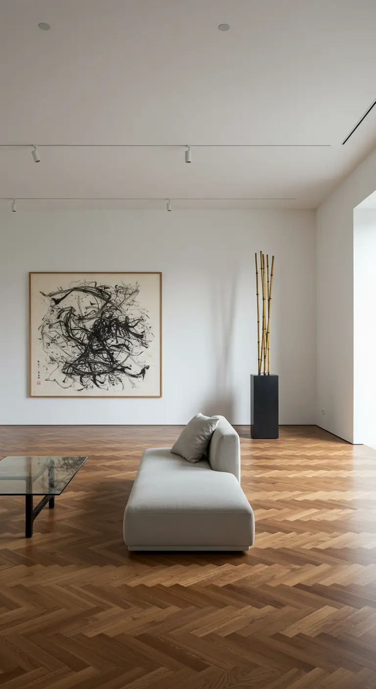 Sala de estar tipo galería con un cuadro abstracto grande y bambú decorativo en un jarrón.