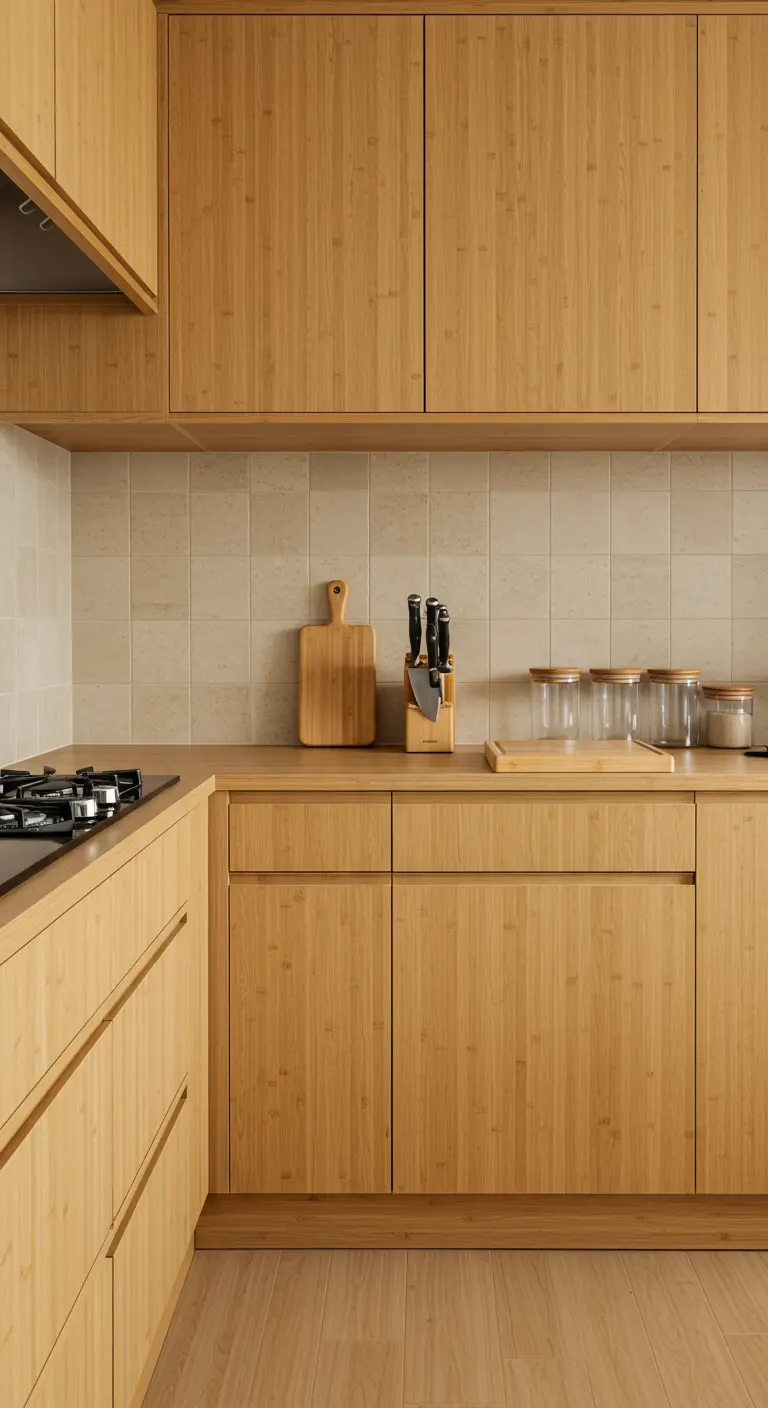 Cocina de bambú con encimera despejada, salpicadero de azulejos claros y tarros de cristal.