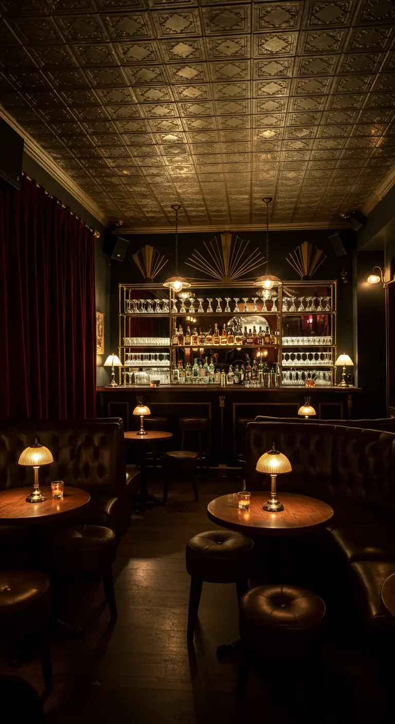 Bar íntimo estilo speakeasy con iluminación tenue, asientos de cuero y detalles dorados.