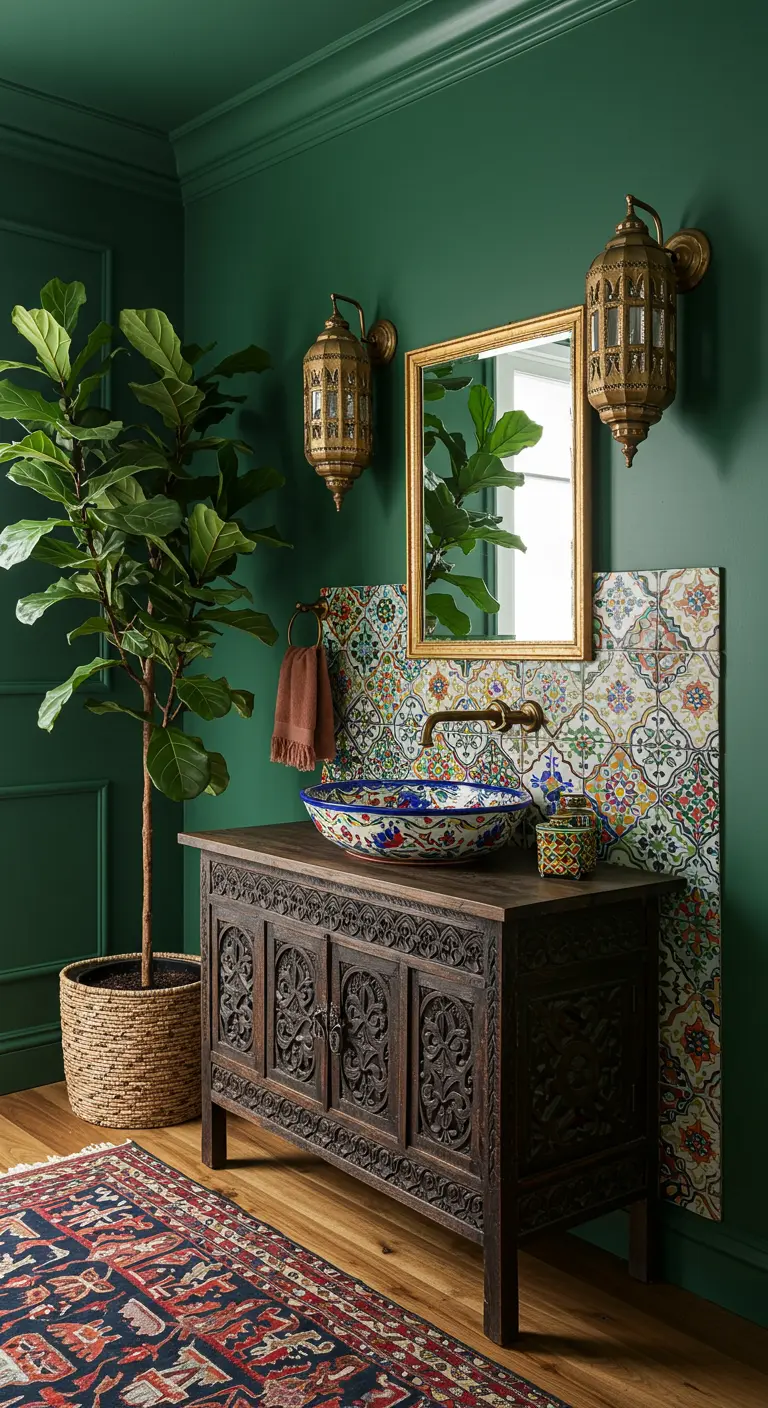 Baño bohemio con mueble de madera tallada y azulejos estampados.