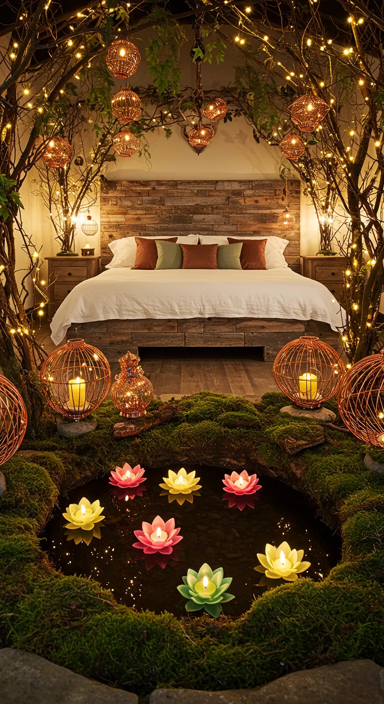 Dormitorio temático de bosque con ramas iluminadas y un estanque con velas flotantes de loto.
