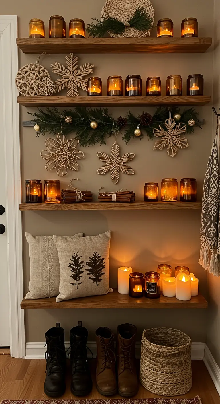 Estanterías de madera llenas de velas en frascos de cristal ámbar y decoración invernal.
