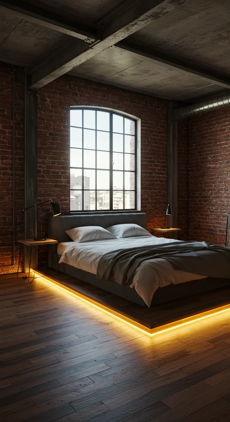 Dormitorio tipo loft industrial con paredes de ladrillo y marco de cama iluminado con LED.