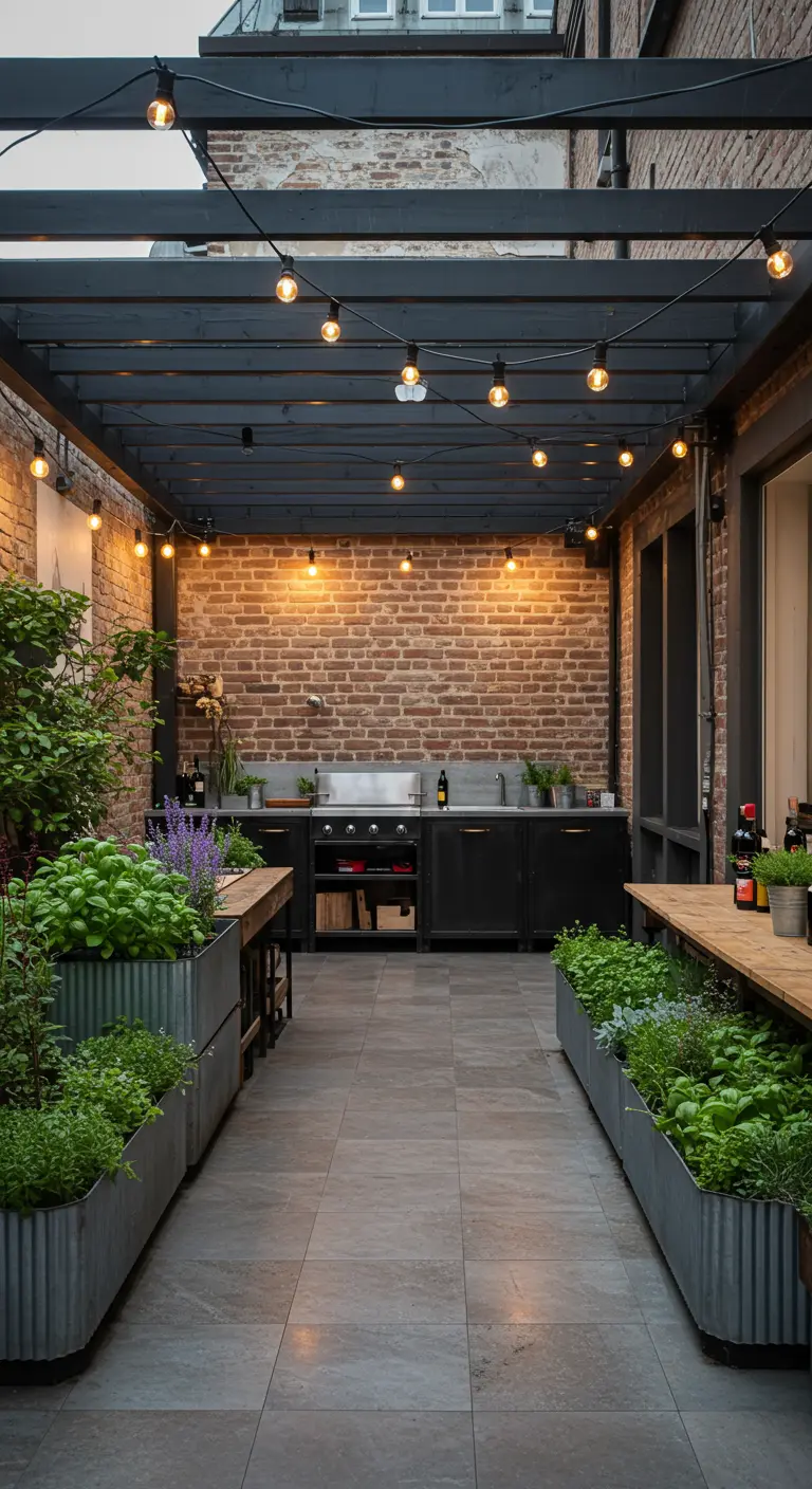 Patio estrecho de estilo industrial con jardineras de metal, pared de ladrillo y luces colgantes.
