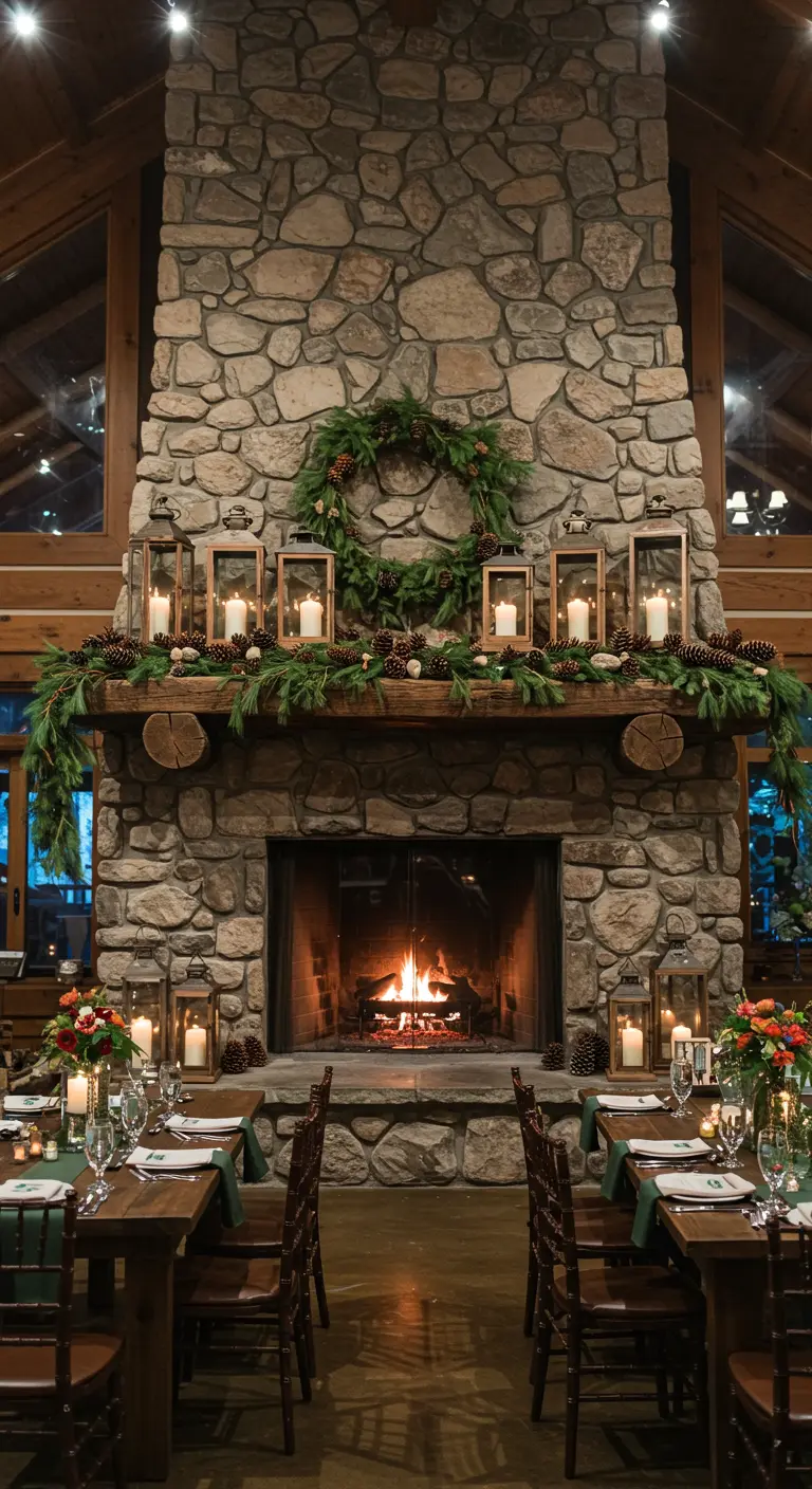 Una gran chimenea de piedra decorada para una boda con una guirnalda de pino, piñas y faroles.