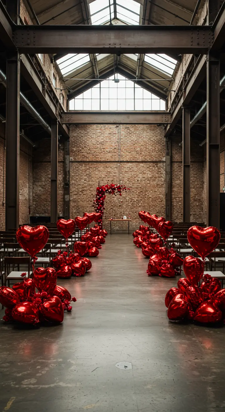 Pasillo de ceremonia en un espacio industrial flanqueado por globos de corazón rojos.