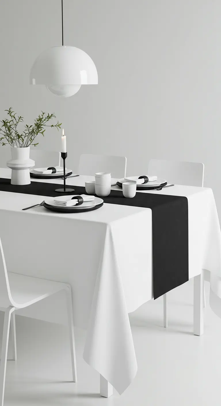 Mesa de comedor minimalista vestida con mantel blanco, camino de mesa negro y vajilla moderna.
