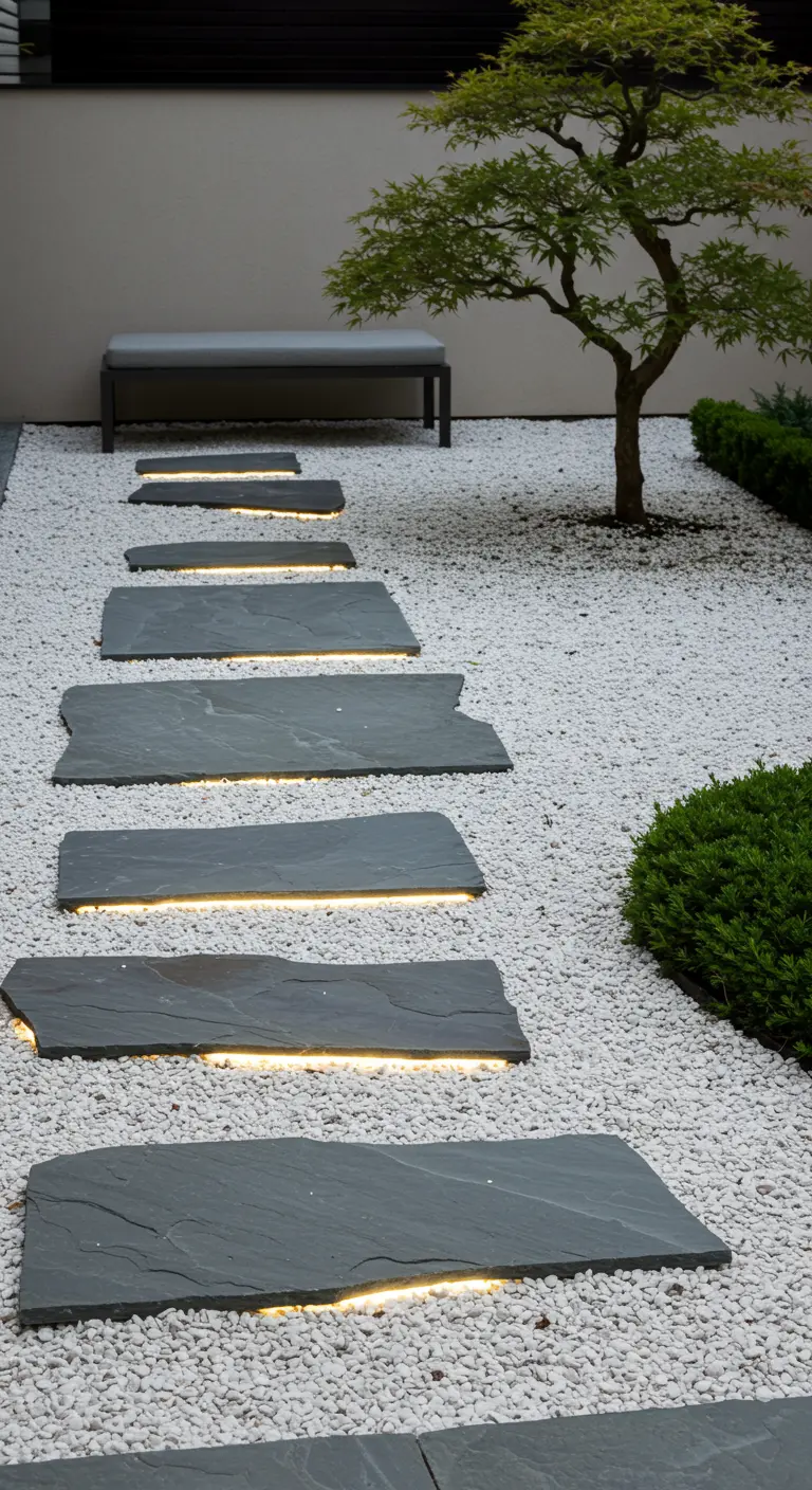 Sendero de jardín zen con losas de pizarra iluminadas por debajo, sobre un fondo de grava blanca