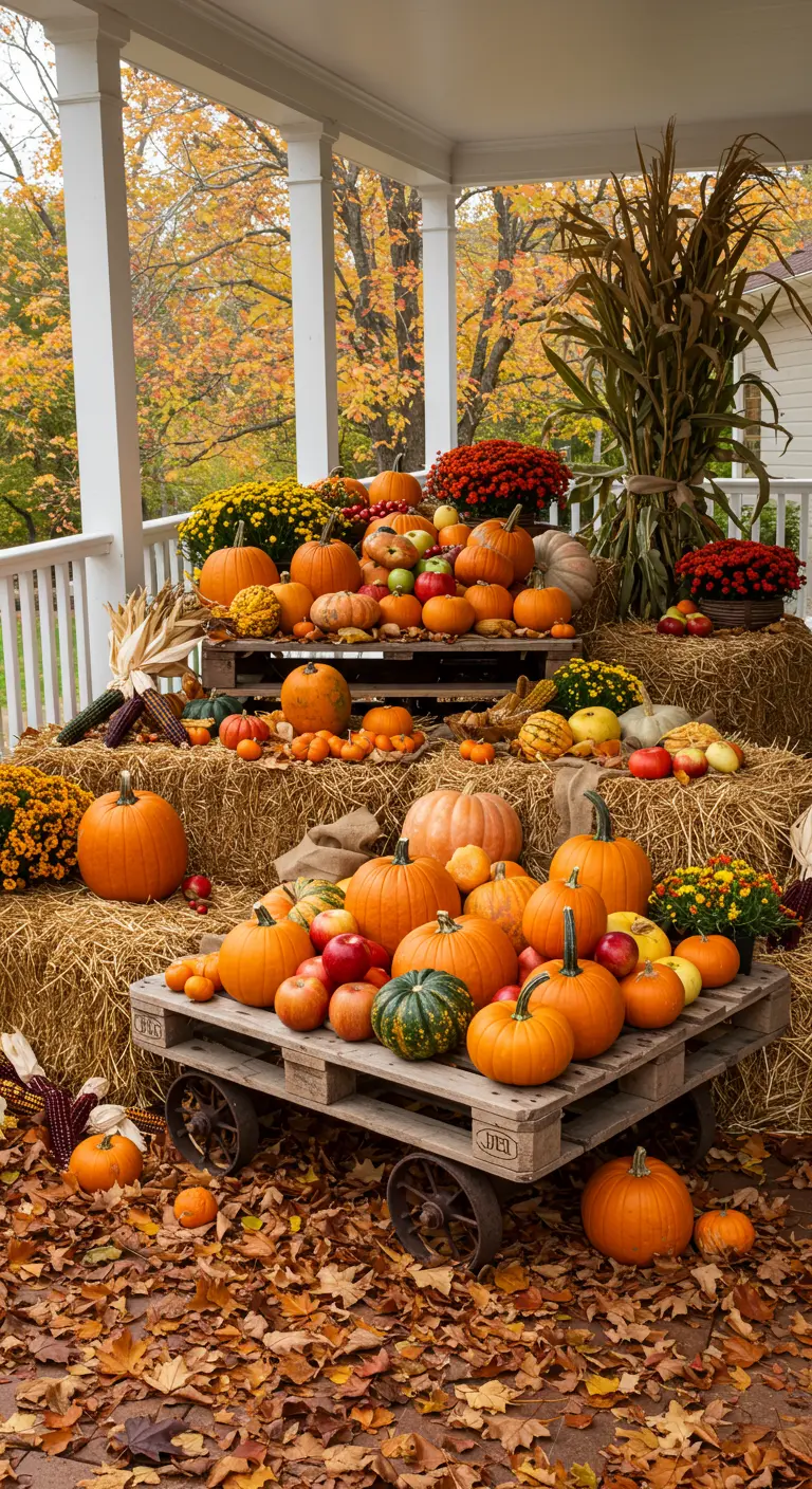 Carrito hecho con un palet y ruedas, cargado de balas de heno, calabazas, manzanas y flores.