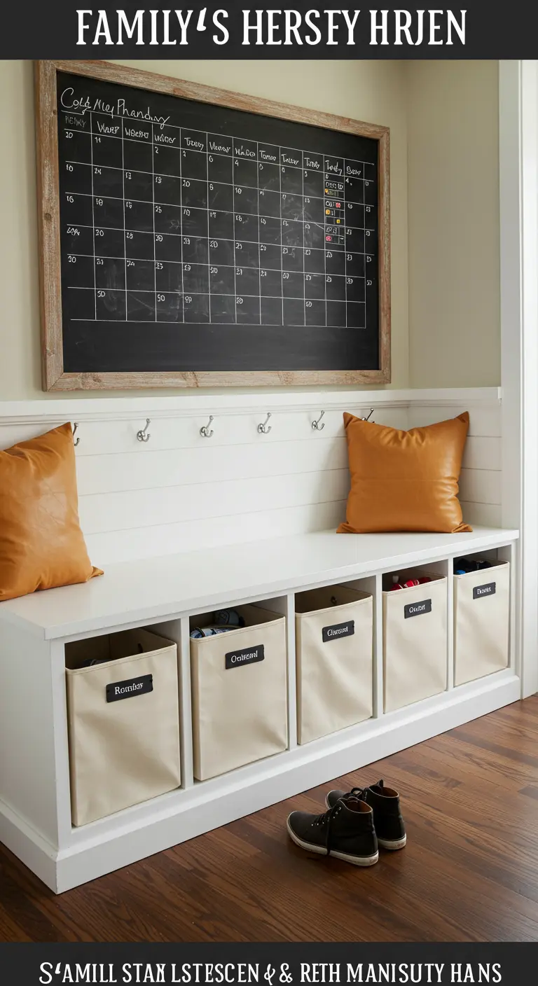 Banco blanco con cubos de tela etiquetados y un gran calendario de pizarra en la pared.