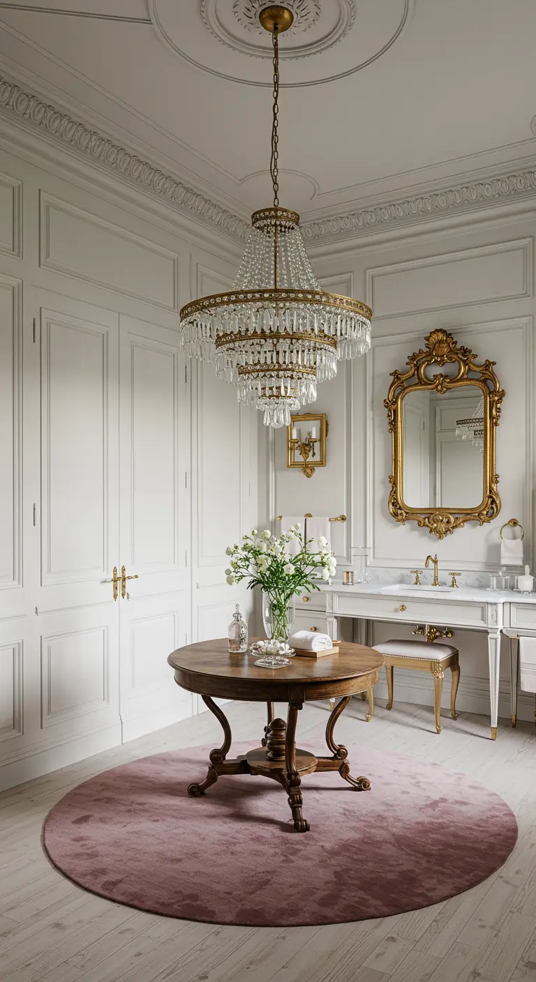 Baño espacioso de estilo parisino con molduras, candelabro de cristal y alfombra rosa.