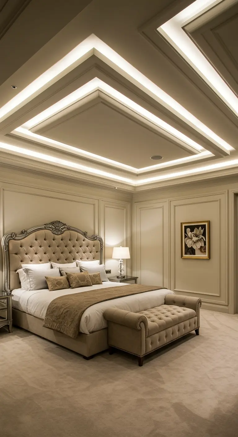 Dormitorio de lujo con techo artesonado y molduras iluminadas con tiras LED.