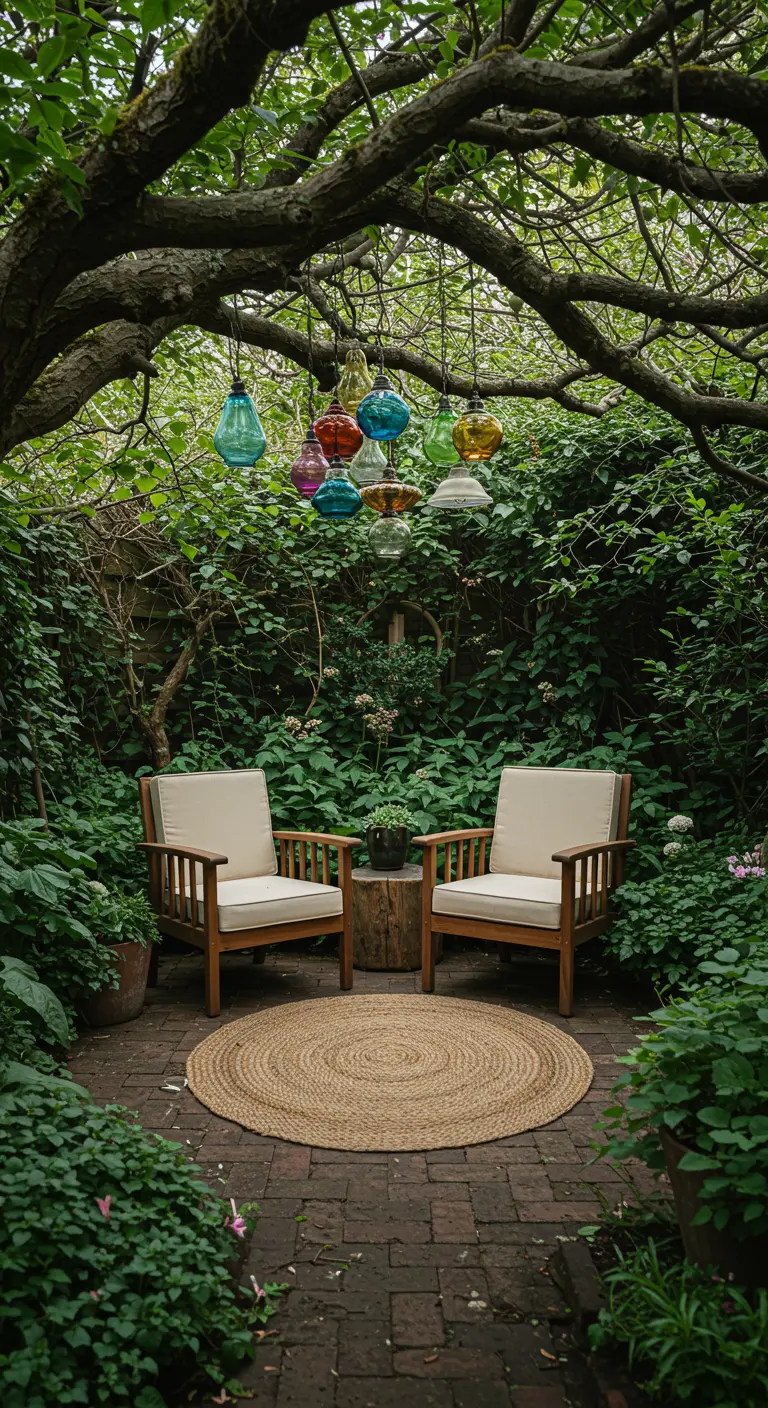 Rincón de jardín frondoso con dos sillas de madera y lámparas de vidrio de colores colgando de un árbol