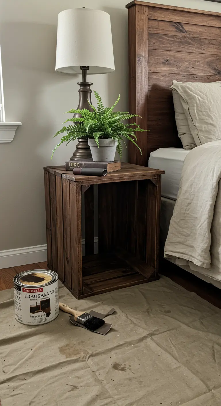 Caja de madera teñida de oscuro como mesita de noche junto a una cama con ropa de cama neutra.