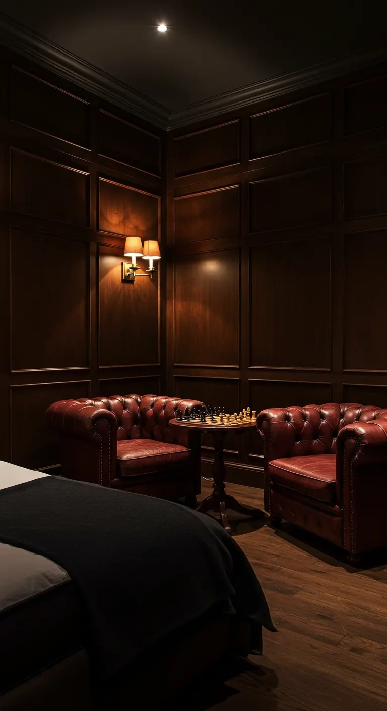 Rincón de un dormitorio con paredes paneladas de madera oscura y dos sillones Chesterfield de cuero