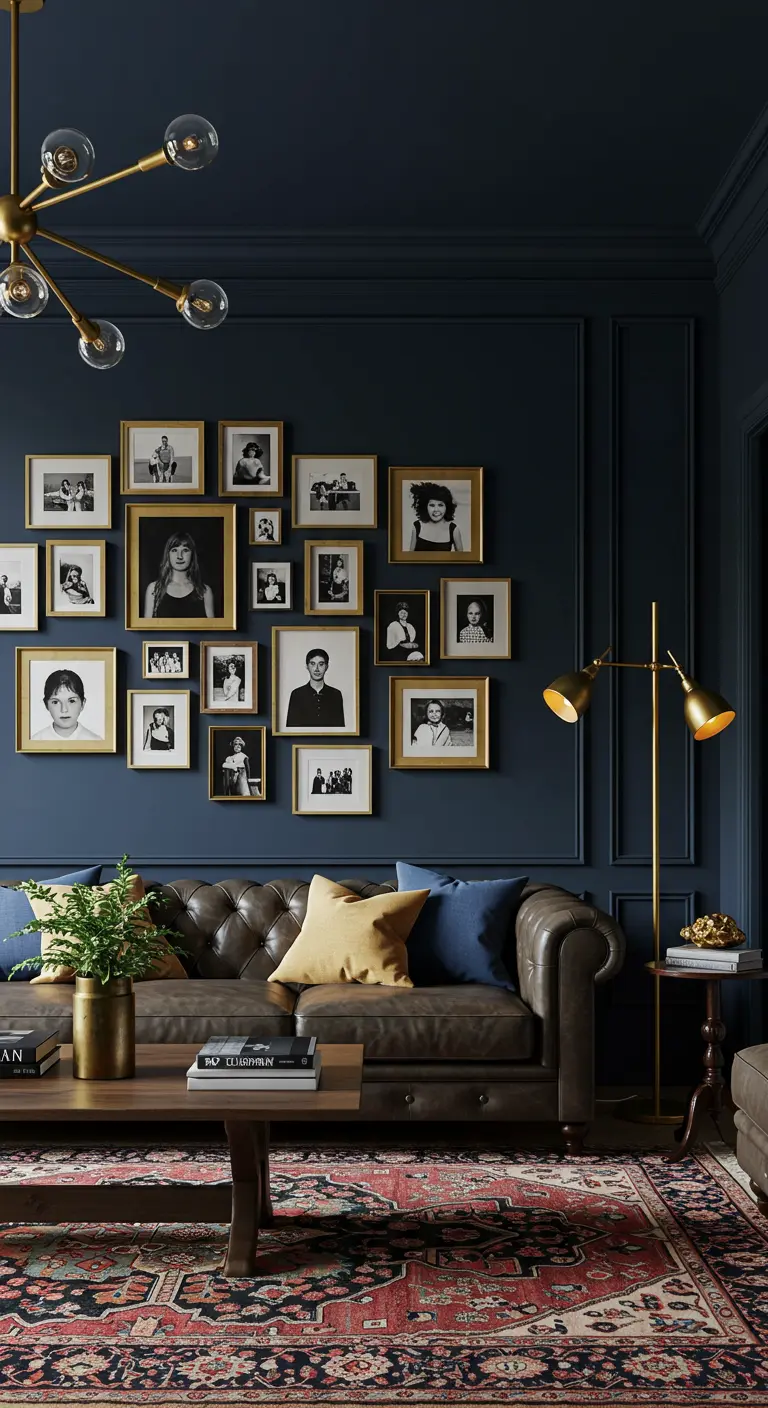 Galería de fotos con marcos dorados sobre una pared de color azul oscuro en un salón elegante.
