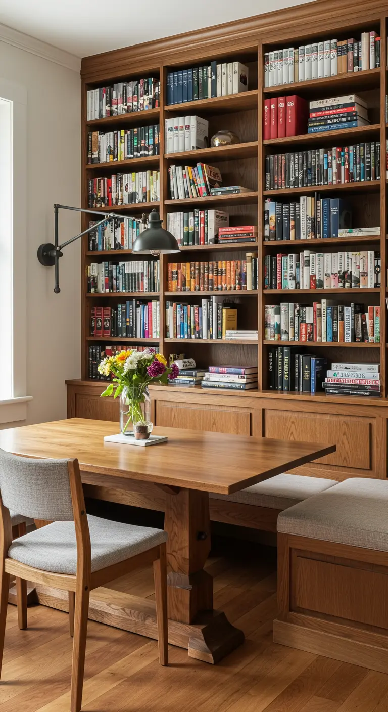Comedor integrado en una gran estantería de madera, con un banco empotrado