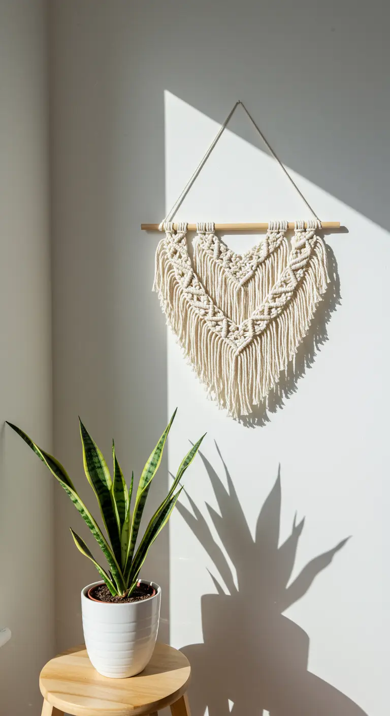 Tapiz de macramé en forma de corazón colgado en una pared blanca con una planta al lado.