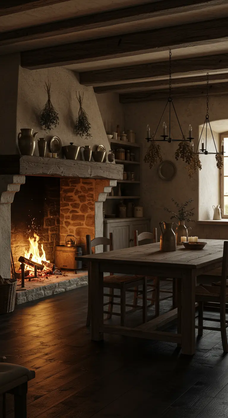 Cocina rústica con una gran chimenea de piedra encendida, mesa de comedor de madera y vigas oscuras.