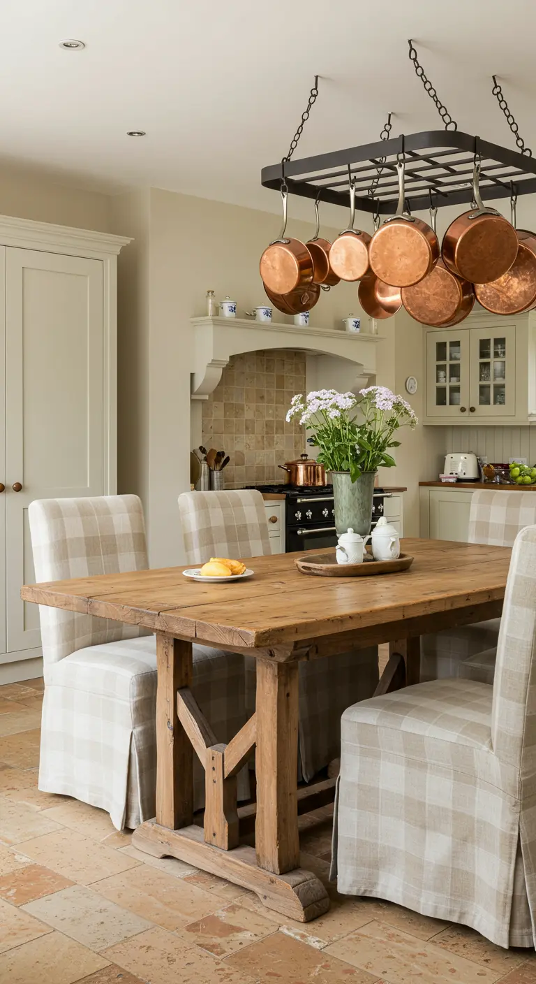 Comedor de estilo farmhouse con mesa de madera rústica y sillas con fundas de lino a cuadros.