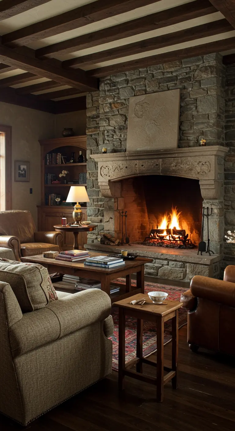 Salón acogedor con una gran chimenea de piedra, sofás de tela y vigas de madera oscura.