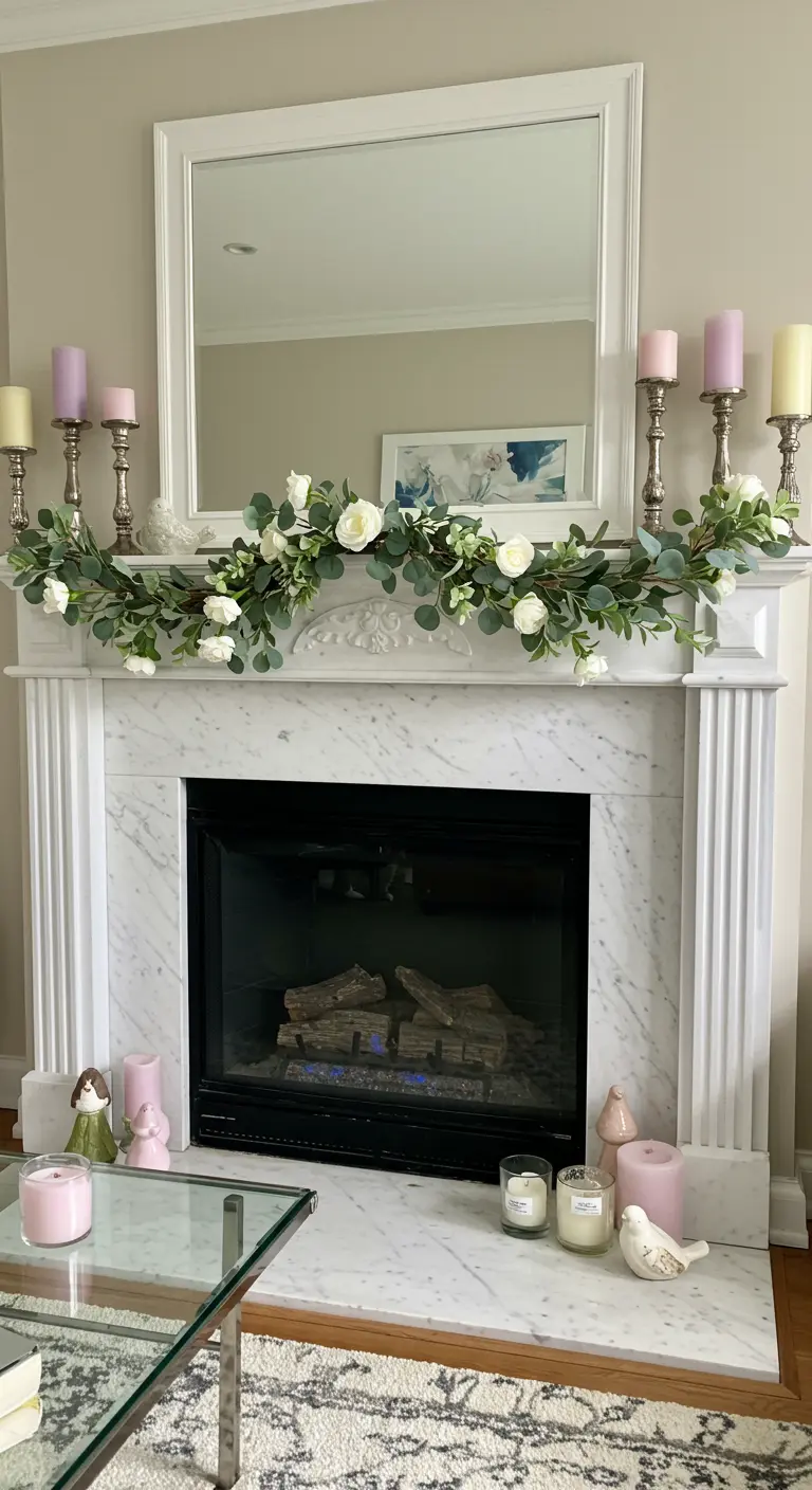 Repisa de chimenea de mármol blanco decorada con una guirnalda de flores y velas de colores pastel.