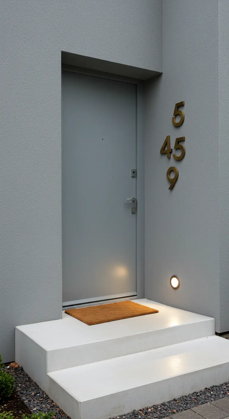 Fachada gris con puerta a juego y números de casa dorados en disposición vertical