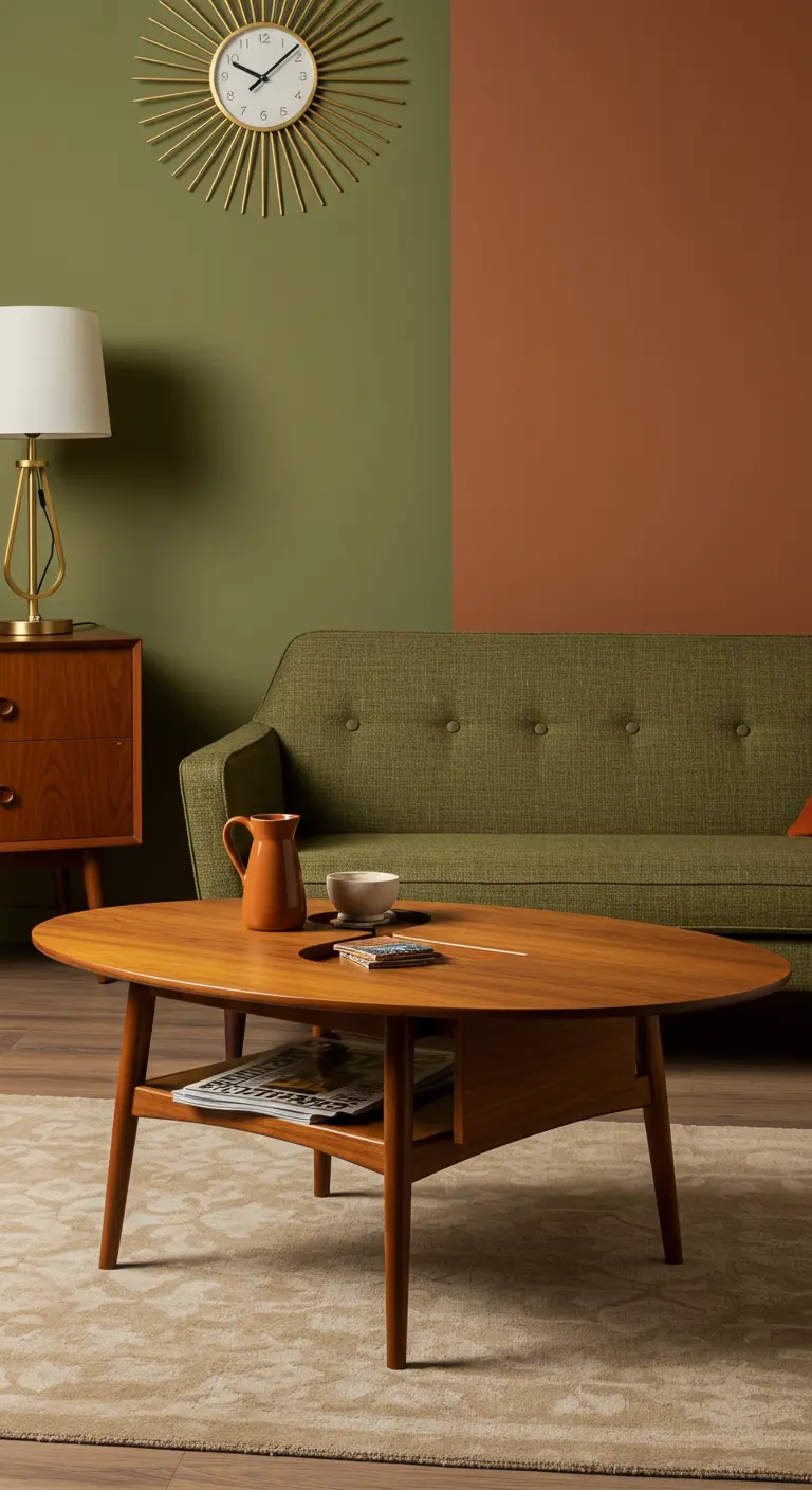 Mesa de centro ovalada de madera con almacenamiento oculto en un salón de estilo retro.