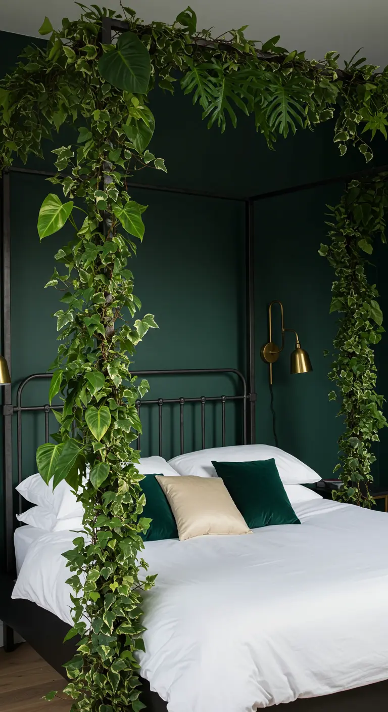 Cama con dosel de metal negro envuelta en enredaderas verdes sobre un fondo de pared verde oscuro.