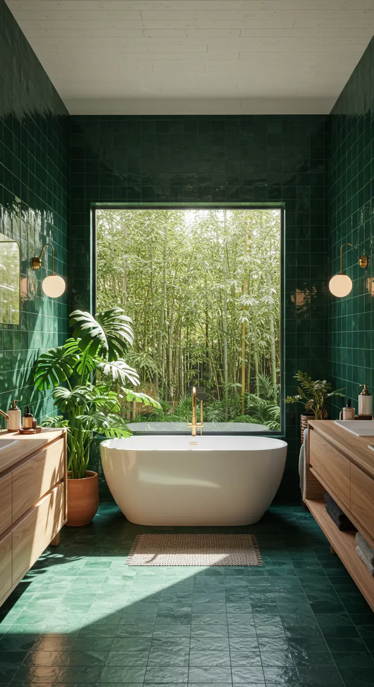 Baño con azulejos verdes brillantes y gran ventanal a un bosque de bambú.