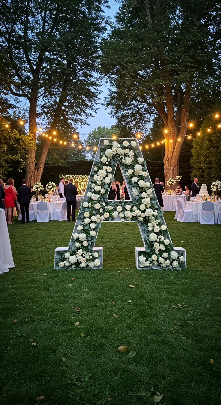 Letra 'A' gigante blanca decorada con rosas blancas en una fiesta de jardín.
