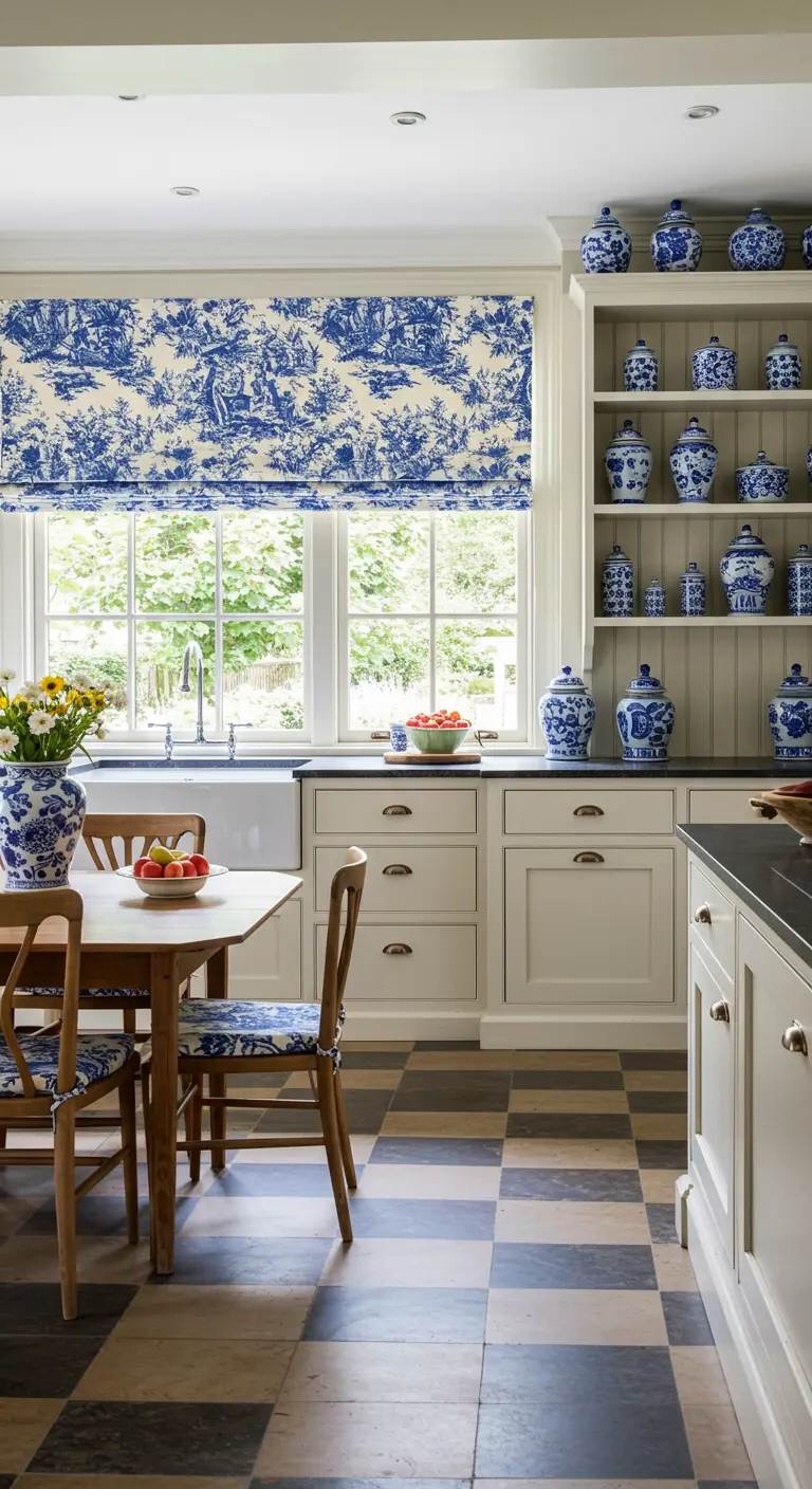 Cocina de estilo francés con estampado Toile de Jouy, cerámica azul y blanca y suelo de damero.
