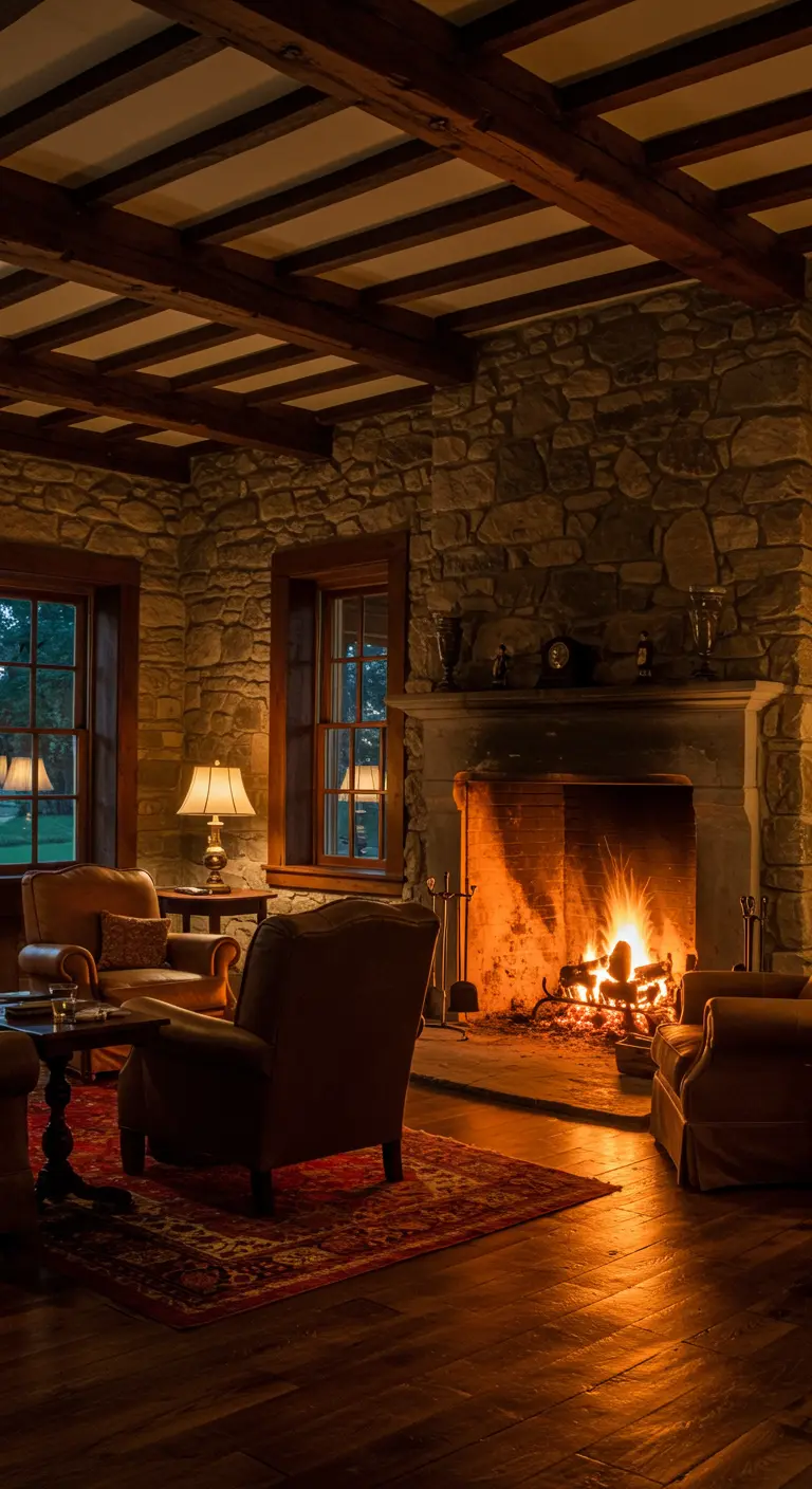 Salón oscuro y acogedor iluminado por una chimenea, con sillones de cuero y paredes de piedra.